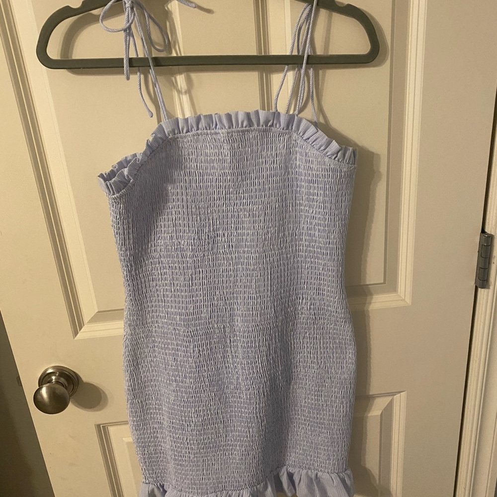 smocked light blue fitted dress